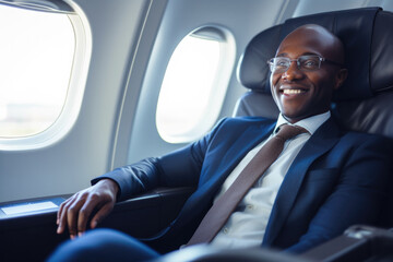 African businessman sitting in plane during business trip - Powered by Adobe