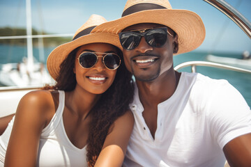 Attractive african couple on a yacht enjoy bright sunny day on vacation