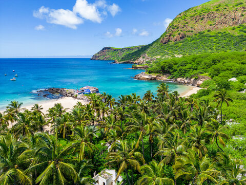 Tarrafal Beach - Cape Verde Aerial View. Santiago Island Landscape of Tarrafal - popular tourist destination. The Republic of Cape Verde is an island country in the Atlantic Ocean. Africa.