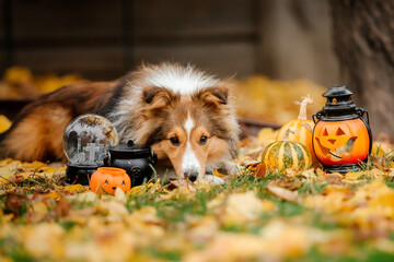 Dog with pumpkins. Shetland Sheepdog. Thanksgiving day. Fall season. Halloween holidays. Sheltie...