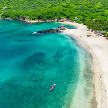 Tarrafal Beach - Cape Verde Aerial View. Santiago Island Landscape of Tarrafal - popular tourist destination. The Republic of Cape Verde is an island country in the Atlantic Ocean. Africa.