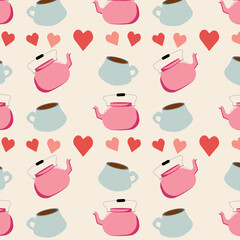 Pattern with ceramic kettle. Home decor, pot with hot drink, coffee, tea. Porcelain kitchen tableware. Vector flat design, doodle style.	