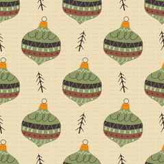 Christmas seamless pattern with green christmas tree toys and trees. Cute holiday wallpaper background with decorative elements. Stock illustration on light background