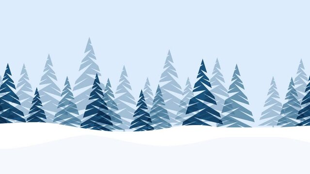 Winter snowy landscape background with fir trees. cartoon 2D animation. Seamless loop, lateral scrolling