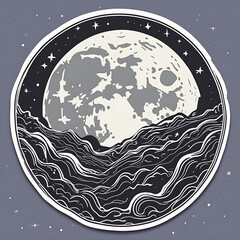 moon with waves art round sticker badge