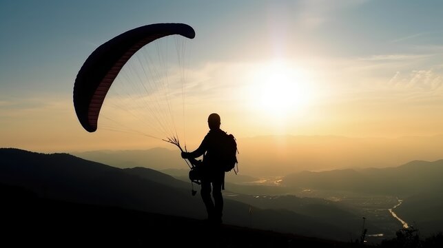 A Man Preparing for Paragliding. Silhouette Photo of a Paraglider. Generative AI