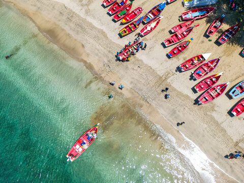 Tarrafal Beach Fishing Boats Aerial View - Cape Verde. The Republic of Cape Verde is an island country in the Atlantic Ocean. Africa.