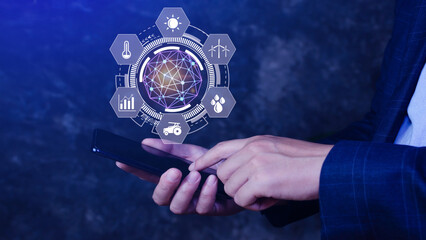 Using hand pressing with infographics smart farming and precision agriculture with visual icon on smartphone, Innovation technology for smart farm system, Agriculture management