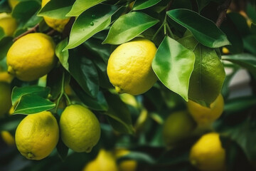 Ripe yellow lemons on lemon tree. Fresh citrus fruits with green leaves.