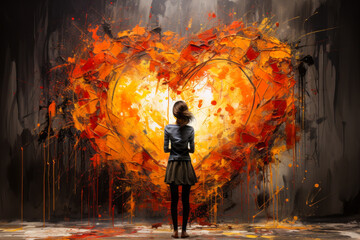 Passionate artist fervently painting a vivid heart symbol on canvas.