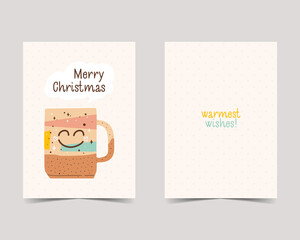 Merry Christmas cards in cute flat style. Minimalistic xmas design with cute coffee cup chaacter. Christmas Holidays poster templates. Stock trendy brochure backgrounds