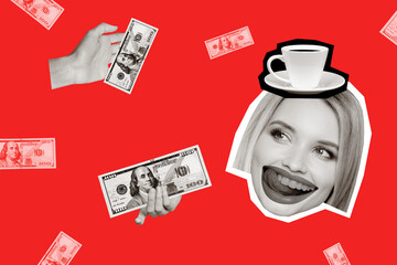 Creative poster collage banner of shop assistant cafe owner lick lips sell many coffee black friday special offer campaign
