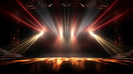 Fototapeta na wymiar Spectacular empty stage for a show, neon light, safits, spotlights. Generation AI