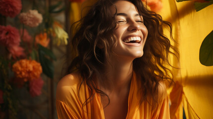 portrait of a brunette latina laughing, warm yellow accents - obrazy, fototapety, plakaty