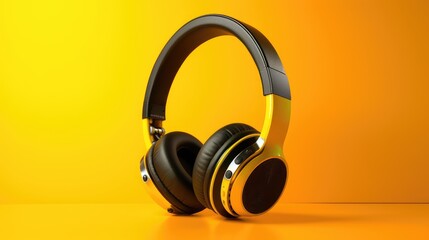 Minimalistic closeup view of a headphone isolated on a yellow background. Generative AI