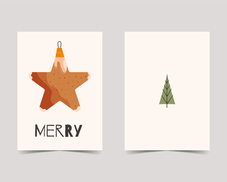 Merry Christmas cards in cute flat style with star tree toy. Minimalistic xmas design. Christmas Holidays poster templates. Stock trendy brochure backgrounds