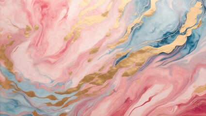 Abstract watercolor paint background illustration - Soft pastel pink, blue, and golden color, with liquid fluid marbled paper texture banner texture