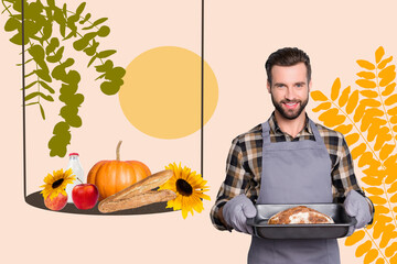 Creative collage picture of positive baker guy hold fresh bread tray sunflower milk apple painted leaves isolated on beige background