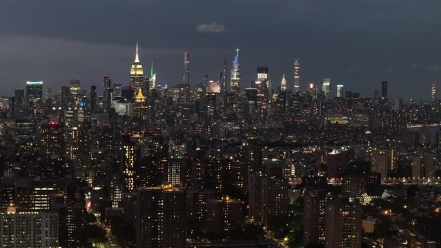 Drone footage of The New York City skyline at night