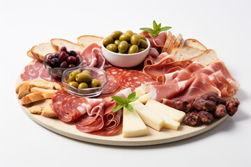A beautifully arranged antipasto platter with an assortment of cured meats, cheeses, olives, and bread isolated on white background. Generative AI