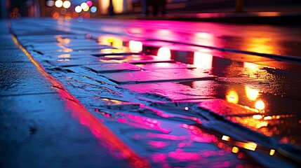 Wet asphalt night city streets, neon light, reflection, puddles. Generation AI