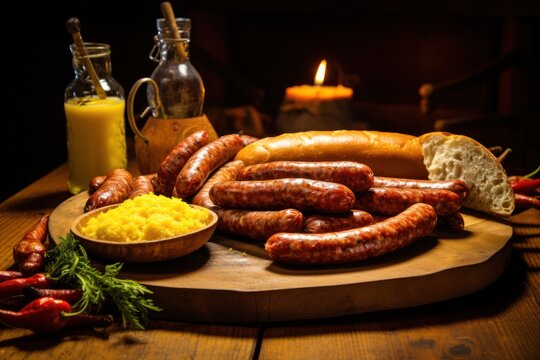 Kranjska klobasa, a traditional Slovenian sausage, served with mustard and fresh bread. Generative AI