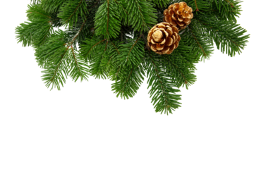 Christmas tree branch and golden cones isolated on white transparent, Xmas spruce, green fir pine twig, PNG. 