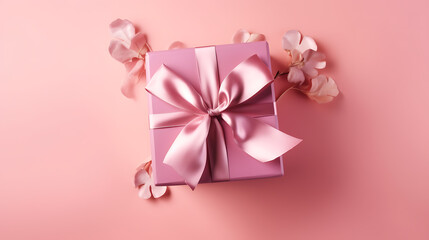 Top view of a decorated present with a bow on pink backdrop