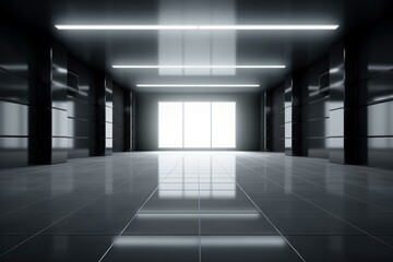 Abstract empty modern room with lights and shiny floor - industrial interior background template. Generative AI