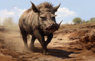 Fototapeta premium A fierce warthog in the desert. Great for stories about safaris, the wilderness, adventure, travel, photography, wildlife and more. 