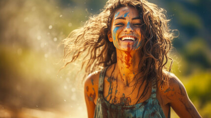 Happy smiling young beautiful girl at the Holi festival of colors