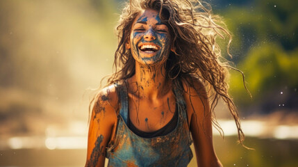 Happy smiling young beautiful girl at the Holi festival of colors