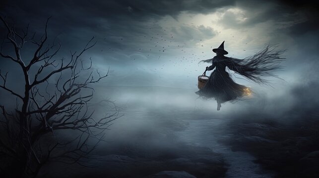 Night dark fantasy landscape, a witch flies on a broom in the fog. Generation AI