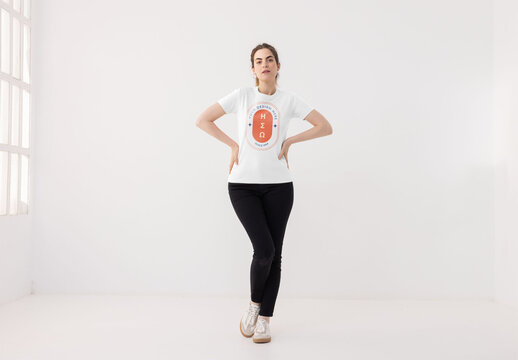 Mockup of woman wearing t-shirt with customizable color and design, full length