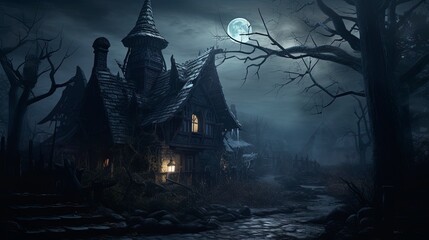 Night dark fantasy landscape, old house with horror stories. Generation AI - obrazy, fototapety, plakaty