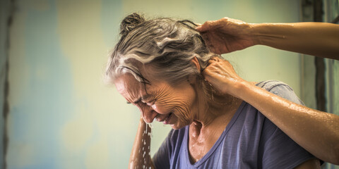 Touching caregiver washing elderly handicapped woman's hair with dignity and care. - obrazy, fototapety, plakaty