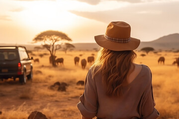 a beautiful female tourist explore a savanna - obrazy, fototapety, plakaty