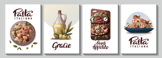Set of square cards with Italian pasta, bruschetta, olive oil. Italian food, healthy eating, cooking, recipes, restaurant menu concept. Vector illustration for card, poster, banner.