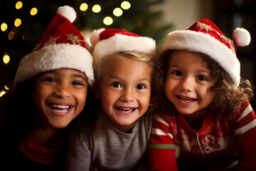 Fototapeta na wymiar Christmas laughing happy three children in santa claus hats sitting against the background of a Christmas tree, closeup. Atmosphere of anticipation of holidays, gifts