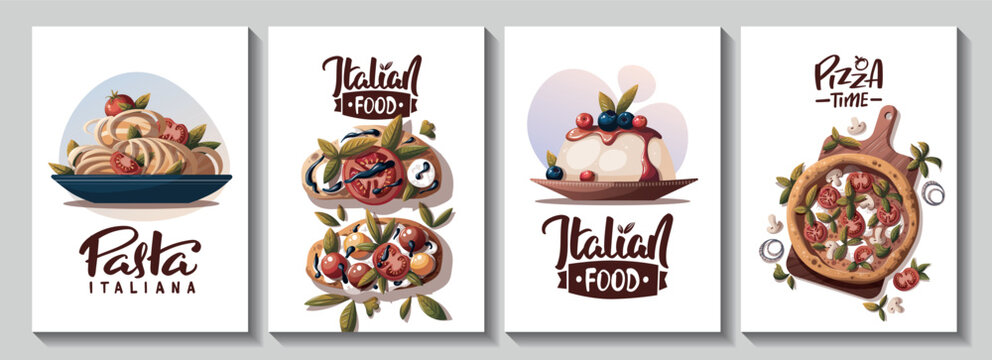 Set of square cards with Italian pizza, pasta, bruschetta, panna cotta. Italian food, healthy eating, cooking, recipes, restaurant menu concept. Vector illustration for card, poster, banner.