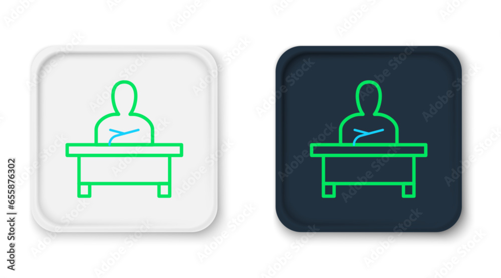 Poster line schoolboy sitting at desk icon isolated on white background. colorful outline concept. vector