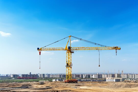 Panoramic view of a construction site with a yellow crane against a blue sky. Generative AI