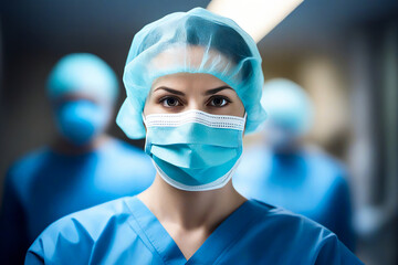 Woman wearing surgical mask and blue scrub hat.