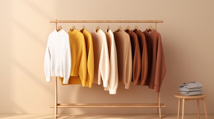 sweater rack on wooden frame with color hanging on it