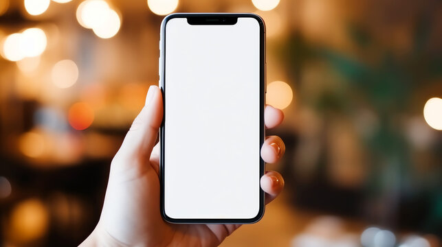 person holding smartphone with blank white screen on blurred bokeh background indoors
