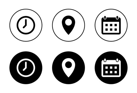 Time, location, and calendar icon vector in black circle. Clock, marker, schedule sign symbol