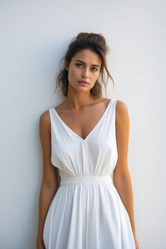 Woman in white dress posing for picture with her hands on her hips.
