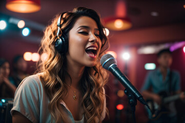 Beautiful young woman singing into a microphone in a nightclub. Karaoke Singer. Music concept.