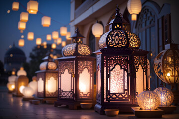 Ornamental colorful Arabic lanterns with burning candles inside on the street at night. Holiday background for the Muslim feast of the holy month of Ramadan Kareem.