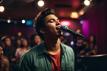 Fototapeta premium Beautiful young man singing into a microphone in a nightclub. Karaoke Singer. Music concept.